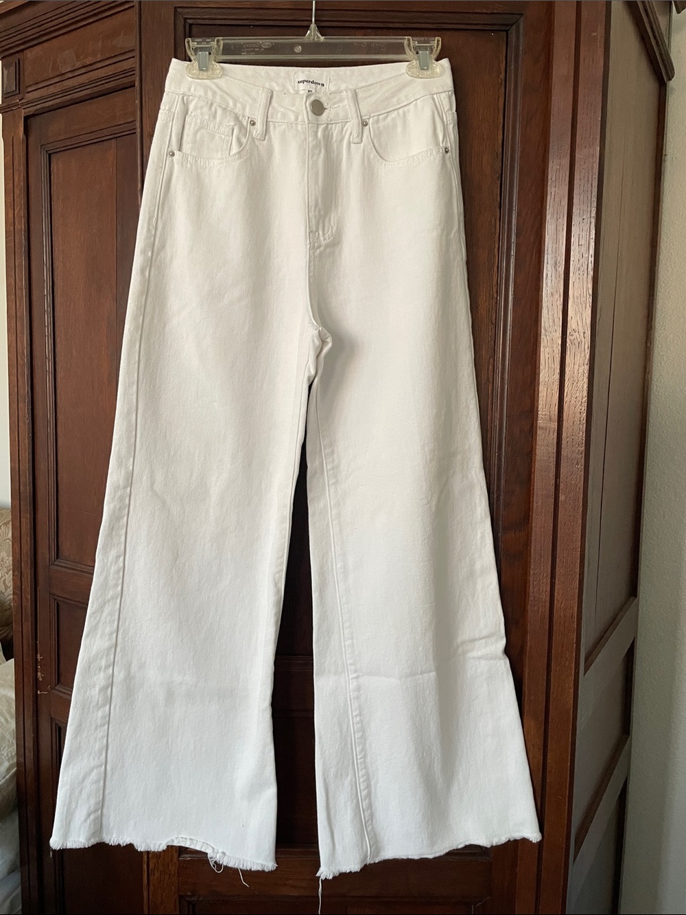 SUPERDOWN Soft White Denim Jeans Pants Wide Leg High Rise Raw Hem